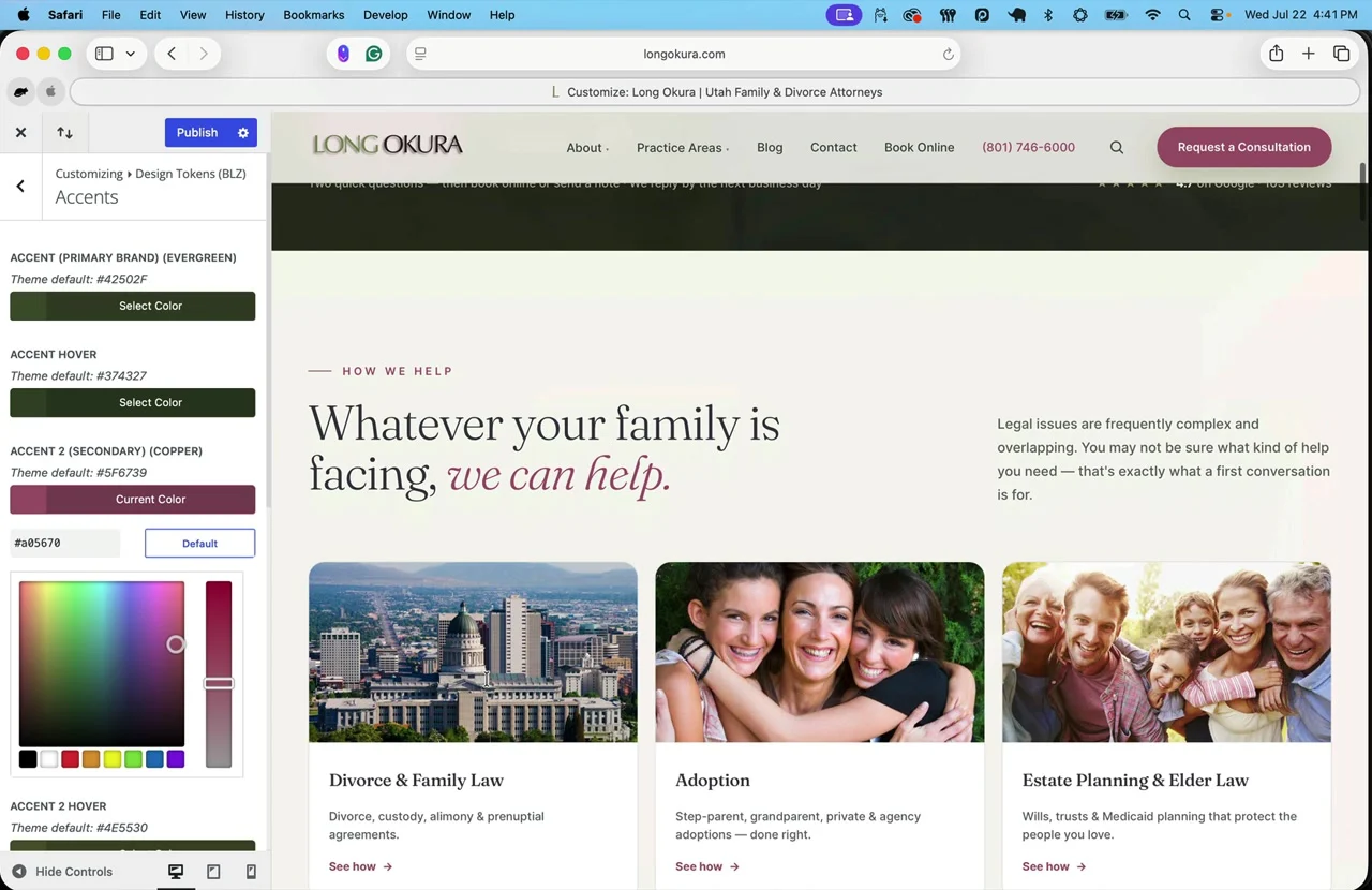 The Bizlift Zero Layer visual editor open on a live client site, recoloring the whole site's brand color from a single color picker.