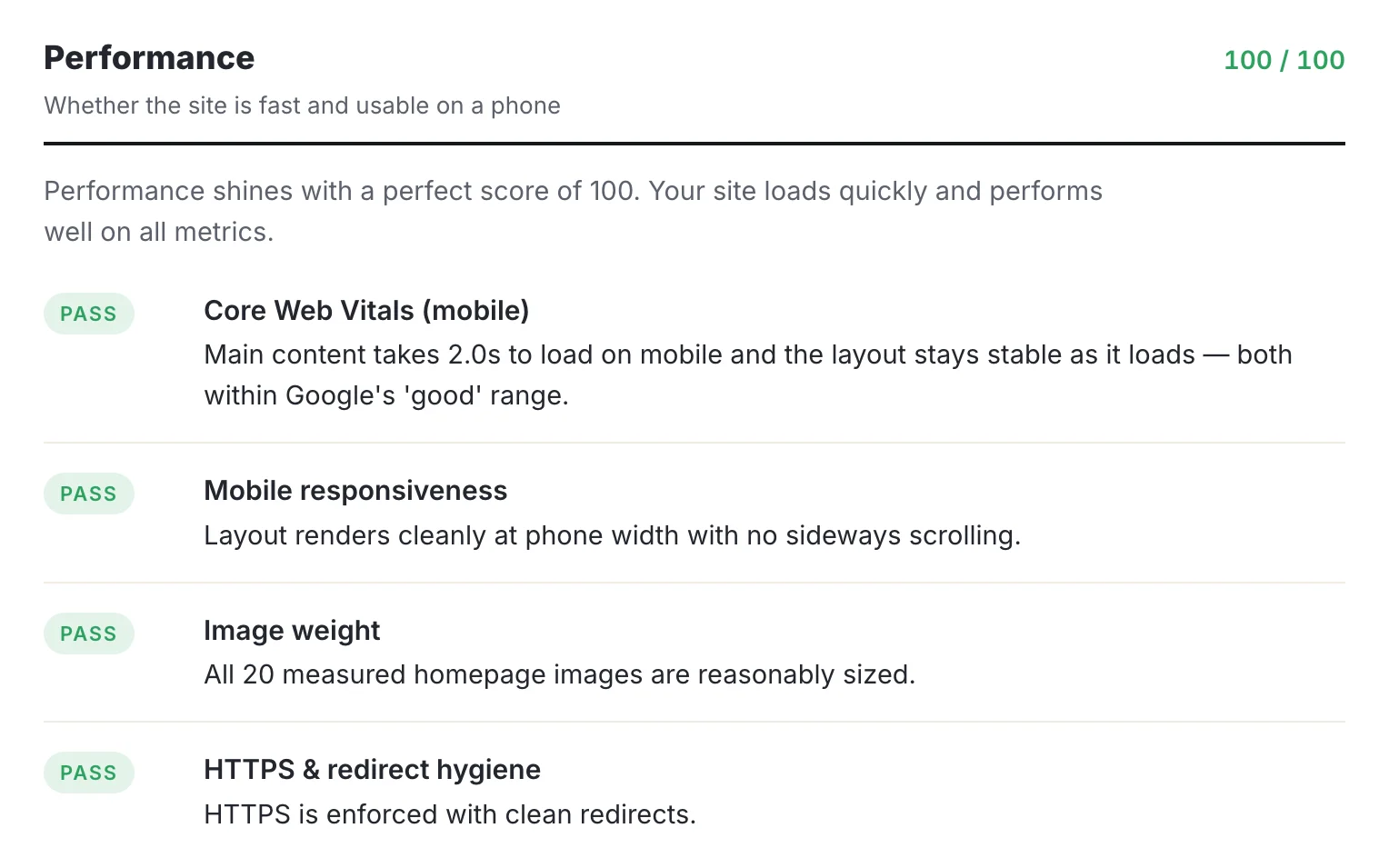Bizlift website scorecard for longokura.com — Performance category scored 100 out of 100, with a passing result on every check: Core Web Vitals (2.0s mobile load, stable layout), mobile responsiveness, image weight, and HTTPS.